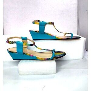 Amalfi by Rangoni Firenze Turquoise Snake Print Leather Wedge Sandals 9 M Italy